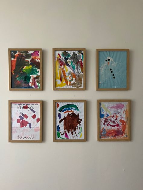 Wood frame kids artwork in a gallery wall style Kids Art Display, Art Display Kids, Frame Kids Art, Childrens Artwork, Picture Frame Shop, Wall Frames, Wood Frames, Baby Furniture, Childrens Art