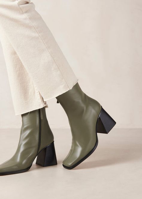 Square Toe Ankle Boots | ALOHAS Olive Heels, Olive Green Boots, Olive Boots, Green Ankle Boots, Square Toe Ankle Boots, Green Boots, 90s Looks, Vegan Boots, Sustainable Leather