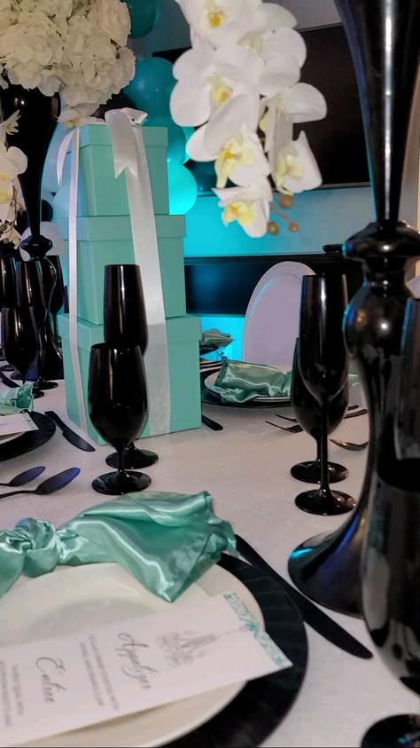 Tiffany Inspired Party, Tiffany Themed Birthday Party Decor, Breakfast With Tiffany Theme, Tiffany And Co Table Decor, Tiffany And Co Sweet 16, Tiffany And Co Baby Shower Ideas, Tiffany And Co Party Decorations, Black And Tiffany Blue Wedding, Tiffany And Co Birthday Party Ideas