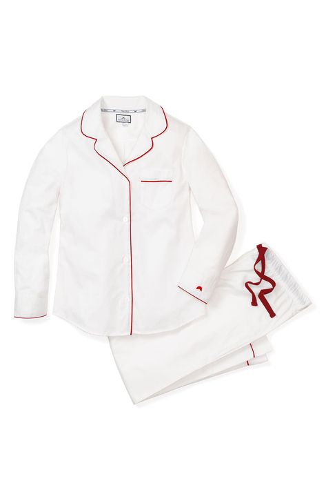 A refined pajama set is polished with vibrant contrast piping, elegantly curved lapels and a chest patch pocket. 100% cotton Machine wash, tumble dry Imported White Cotton Pajamas, Luxury Sleepwear, Embroidery Hearts, White Pajamas, Classic Pajamas, Adult Pajamas, Heart Embroidery, Cotton Pajama Sets, Cotton Pyjamas