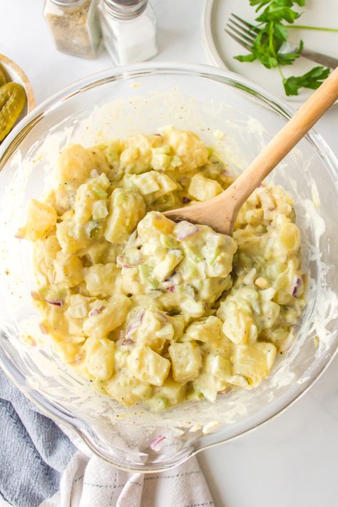 Sweet Pickle Potato Salad recipe from RecipesForHolidays.com Sweet Pickle Potato Salad, Potato Salad With Sweet Relish, Pickle Juice Recipe, Pickle Potato Salad, National Potato Day, Traditional Potato Salad, Sweet Pickle Relish, Potato Salad Dressing, Red Skin Potatoes