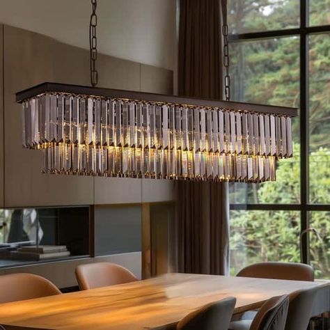 40 in. Smoky Grey Modern Crystal Chandelier 7-Light Linear Chandelier Kitchen Island Pendant Light for Dining Room - On Sale - Bed Bath & Beyond - 36064034 Long Chandelier Dining Room, Linear Chandelier Kitchen, Modern Chandelier Dining Room, Entry Way Chandelier, Modern Chandelier Dining, Crystal Kitchen, Chandelier Kitchen Island, Black Crystal Chandelier, Kitchen Island Pendant Light