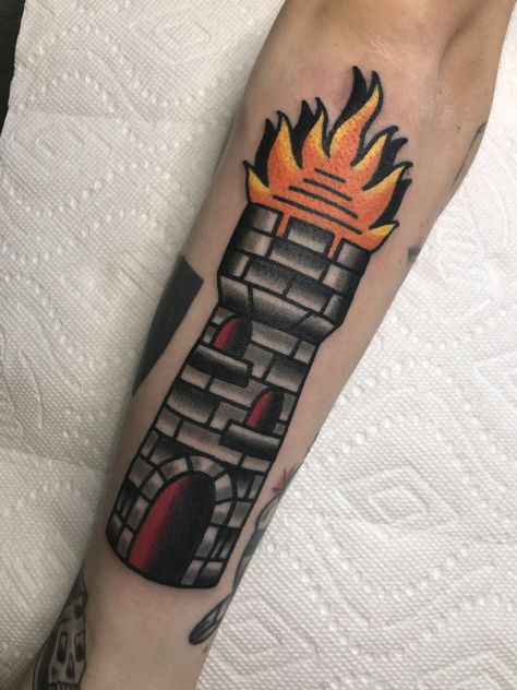 traditional tower done by kris at artisan tattoo in pittsburgh pennsylvania Traditional Tattoo Arm, Tower Tattoo, Traditonal Tattoo, Satanic Tattoos, Traditional Tattoo Old School, Castle Tattoo, Traditional Tattoo Inspiration, Medieval Tattoo, Tarot Tattoo