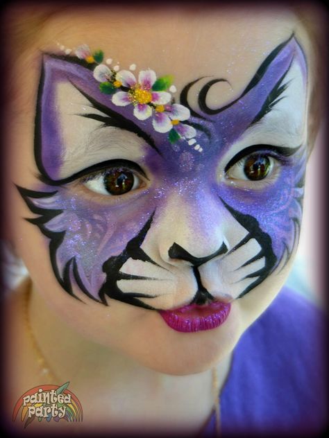 Denise Cold || pretty purple cat with double duped flowers Cat Face Paintings, Kitten Face Paint, Cat Face Painting For Kids, Cat Face Paint Easy, Purple Face Paint, Cat Face Painting, Cat Face Paint, Cool Face Paint, Kitty Face Paint