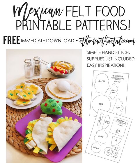 Mexican Felt Food Patterns PROMO-ATHOMEWITHNATALIE Felt Food Patterns Free, Play Food Diy, Felt Toys Diy, Felt Food Diy, Felt Food Patterns, Felt Cupcakes, Random Act Of Kindness, Kids Play Kitchen, Food Template