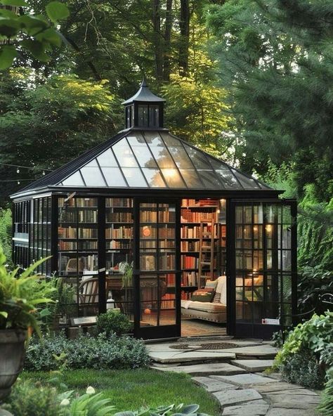 Backyard Man Cave Sheds, Man Cave Shed Ideas, Greenhouse Library, Backyard Man Cave, Solarium Ideas, Garden Office Shed, Garden Shed Interiors, Man Cave Shed, The Grounds Of Alexandria