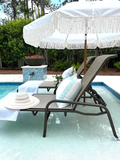 Lounge Chair With Umbrella, Pool Lounge Chairs With Umbrella, Pillow Outdoor Sumbrella, Stripe Pool Umbrella, White Pool Lounge Chairs, Cozy Decor, Pool Landscaping, Seating Area, Outdoor Living Space