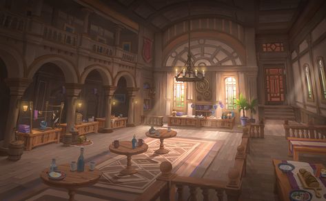 ArtStation - guild interior, jeje Fantasy Guild Building, Episode Backgrounds, Fantasy Decor, Building Concept, Location Inspiration, Building Art, Art Story, Fantasy Setting, Dnd Art