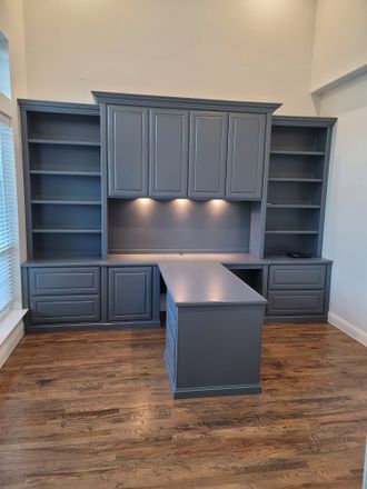 Custom Cabinets in Frisco, Prosper, Celina, McKinney, Plano & Dallas TX. Home Office Desks, Home Office Built-ins, Built-in Book cases and Entertainment centers. Home Office Built Ins With Desk, T Desk, Home Office Built Ins, Ikea Office, Office Built Ins, Book Cases, Home Office Cabinets, Office Shelf, Office Remodel