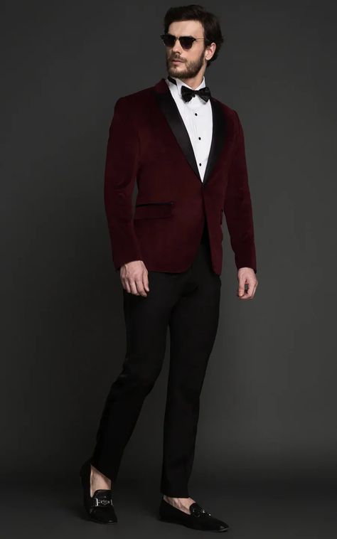 Kingsmen Burgundy Velvet Tuxedo | Sustainable Custom Menswear by A.I. Velvet Blazers For Men, Maroon Tuxedo Men, Burgundy Tuxedo Men, Tuxedo Ideas For Men, Burgundy Velvet Blazer Mens, Tuxedo Outfits Men, Men’s Tuxedo, Mens Velvet Blazer Outfit, Maroon Tuxedo Wedding