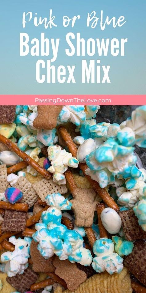 Baby Shower Chex Snack Mix is perfectly sweet and perfect for your baby shower! AND it's nut-free. Who doesn't love Chex Snack Mix? Chex Snack Mix Recipes, Baby Shower Snacks Boy, White Chocolate Chex Mix, Chocolate Chex Mix, Chex Snack Mix, Party Mix Snacks, Blue Snacks, Baby Shower Snacks, Shower Prizes