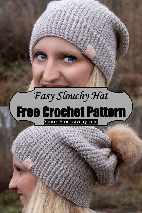 Easy Slouchy Hat Slouch Hat Pattern Free, Slouchy Beanie Crochet Pattern Free, Crochet Slouchy Hat Free Pattern, Crochet Slouchy Beanie Pattern, Knit Stitch Patterns Free, Slouchy Beanie Crochet, Crochet Slouch Beanie, Slouchy Beanie Pattern, Slouchy Hat Crochet Pattern