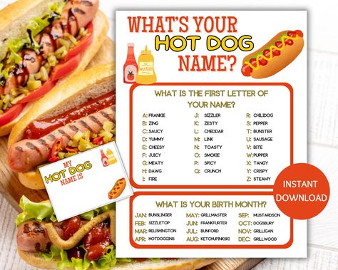 This What's Your Hot Dog Name Game with Name Tags is a printable PDF and a digital download. This fun name generator game makes the perfect icebreaker game for a BBQ baby shower, graduation party or a family reunion. Use the Hot Dog name game printable for your all your summer parties set up near your hot dog bar.  Print as many copies as you like, so you can enjoy this Hot Dog activity time and again. *What you receive: An instant digital download - nothing will be mailed 2- 8.5 x 11 printable Hot Dog Bar Printables, Funny Name Generator, Hot Dog Party, Dog Activity, Bbq Baby Shower, Hot Dog Bar, Game Name, Reunion Games, Name Game