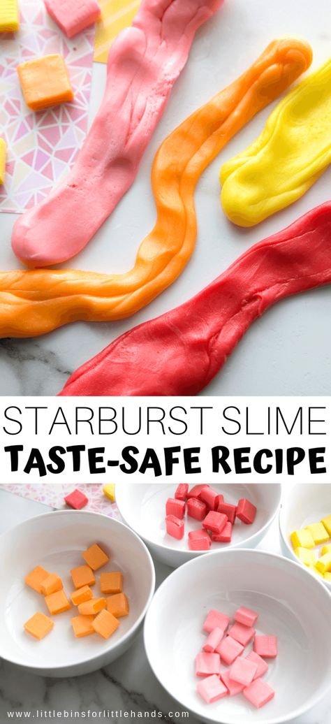 Homemade Edible Slime, Starburst Slime, Safe Slime Recipe, Strawberry Starburst, Edible Play Dough Recipe, Slime Recipe Kids, Candy Slime, Borax Free Slime, Stretchy Slime