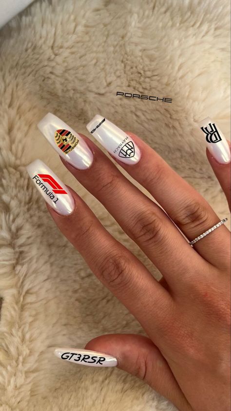 Car Nail Designs, Car Inspired Nails, Porsche Nails, Formula One Nails, F1 Nail Art, Formula 1 Nails, Ferrari Nails, Race Nails, F1 Nails