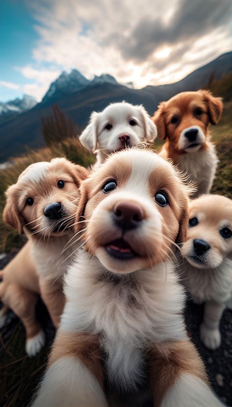 The pin features a collection of fluffy puppies, each displaying their own unique expressions and personalities. With innocent eyes fixated on the camera, the puppies seem captivated by their reflection in this impromptu selfie moment. Their soft, furry coats are beautifully textured, inviting the viewer to imagine the tactile experience of petting them. The puppies' ears perk up, giving them an extra touch of charm and endearing curiosity. Innocent Eyes, Group Of Dogs, Simple Joys, London United Kingdom, The Cutest, Puppies, Dogs