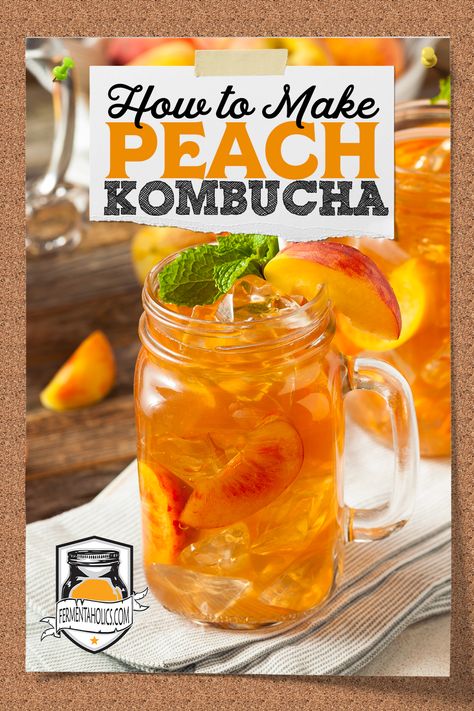 Peachy Fresh Mint Kombucha Peach Kombucha Recipe, Homemade Probiotics, Kombucha Flavors Recipes, Peach Kombucha, Kombucha Recipes, Make Your Own Kombucha, Diy Kombucha, Kombucha Drink, Fermented Drinks