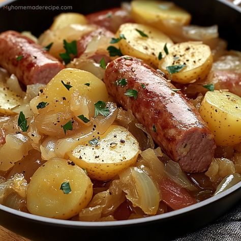 Sausage Sauerkraut And Potatoes, Sausage And Sauerkraut Recipes Skillet, Keilbasa Recipes With Sauerkraut, Hungarian Sausage Dishes, Meals With Polish Sausage, Polish Sausage Recipes Easy, Sausage And Sauerkraut Recipes, Sausage Sauerkraut Potatoes, Smoked Sausage And Sauerkraut