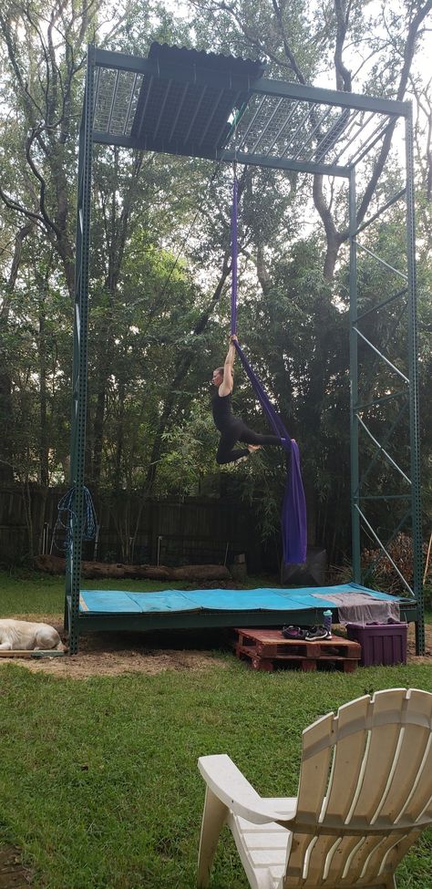 Backyard aerial silks. At Home Aerial Silks, Aerial Silks In House, Arial Silks At Home, Aerial Silks Outdoor, Aerial Silks Home Set Up, Aerial Silk Fabric, Backyard Cabana, Aerial Arts, Aerial Silks