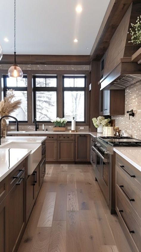 Rustic Brown Cabinets Kitchen, Kitchen Flooring Brown Cabinets, Brown Cabinets Brown Floor, Brown And Tan Kitchen Ideas, Modern Brown Cabinets Kitchen, Neutral Brown Kitchen, Dark Wood Floors Light Wood Cabinets, Dark Brown Cabinets Gold Hardware, Hardwood Kitchen Cabinets