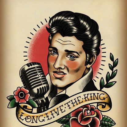 Long Live The King / Elvis Art Print by Lauren C Skinner | Society6 Elvis Tattoo, Rockabilly Tattoos, Tattoo On Neck, Tattoo Portrait, Long Live The King, Rockabilly Art, Rock Tattoo, Jailhouse Rock, Old School Tattoo Designs