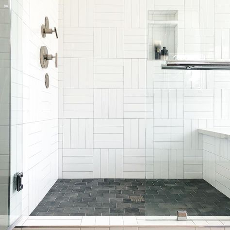 This is what I’d like the subway tile to look like in our main bathroom. Shower Tile Design, Herringbone Shower, Shower Tiles, Standing Shower, Shower Floor Tile, Ideas For Bathroom, White Herringbone, Get Out Of Bed, Bathroom Shower Tile