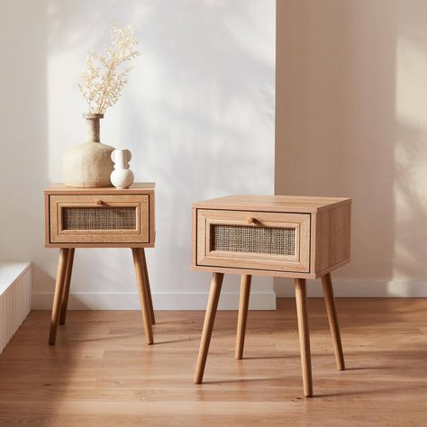 Cane Bedside Tables, Boho Bedside Table, Bedside Table Set, Hot Tub Garden, Bedside Tables Nightstands, Cane Furniture, Wood Bedside Table, Wardrobe Furniture, Bedroom Headboard