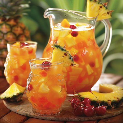 🍍 Refresh with Pineapple Passion Punch! #TropicalTreat #SummerDrink Pineapple Passion Punch Ingredients: Pineapple juice (2 cups) Passion fruit juice (1 cup) Orange juice (1 cup) Lemon-lime soda (1 cup) Grenadine (2 tbsp) Fresh pineapple slices for garnish Maraschino cherries for garnish Instructions: Combine pineapple, passion fruit, and orange juices in a pitcher. Stir in lemon-lime soda and grenadine. Serve over ice with pineapple slices and cherries. Enjoy this tropical refreshment! 🍍... Pitcher Drinks, Pineapple Punch, Passion Fruit Juice, Maraschino Cherries, Instagram Recipes, Twisted Recipes, Pineapple Slices, Lemon Lime Soda, Fresh Pineapple