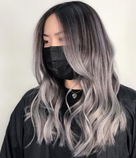 Light Gray Highlights On Dark Hair, Ash Gray Hair Highlights, Brown Hair With Silver Balayage, Gray Balayage On Dark Hair, Gray Color Hair, Ash Gray Balayage, Balayage Gray, Brown And Silver Hair, Silver Balayage