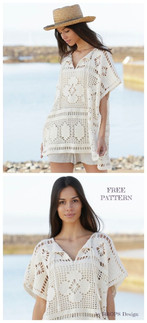 Women BOHO Lace Carefre Summer Top Free Crochet Patterns Bohemian Lace Crochet Top For Summer, Bohemian Crochet Lace Knit Top, Crochet Tunic Free Pattern, Hippie Crochet Lace Beach Top, Bohemian Crochet Knit Top For Beach Cover-up, Tunic Pattern Free, Bohemian V-neck Crochet Lace Top, Boho Dress Pattern, Lace Top Patterns