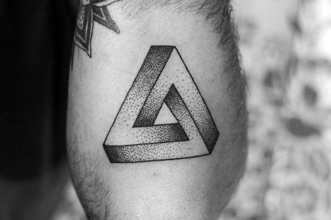 Gentlemens Penrose Triangle Tattoo Ideas Outer Forearm Penrose Triangle Tattoo, Triangle Illusion, Illusion Tattoo, Triangle Tattoo Design, Impossible Triangle, Penrose Triangle, Tattoo Designs For Men, Hand Poke, Fine Line Tattoos