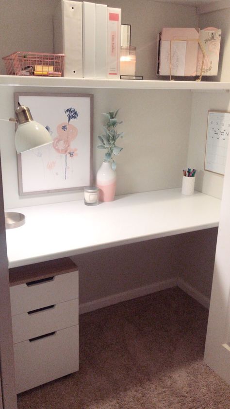 Pullout Desk From Closet, Built In Desk Organization, Ikea Desk In Closet, Small Office In Closet, Cloest Desk, Desks In Closets Ideas, Craft Closet With Desk, Built In Desk Decor, Apartment Built In Desk Ideas