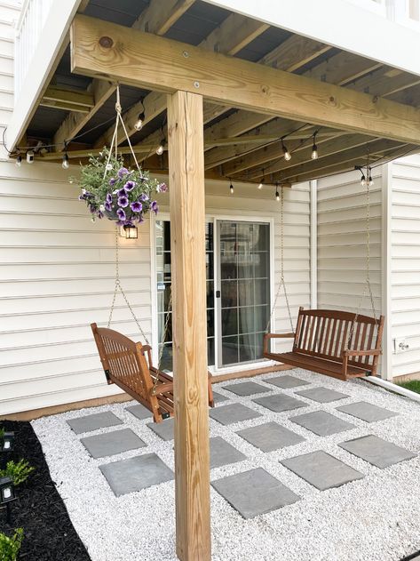 Porch Patio Combo, Back Porch Patio Ideas Budget, Deck Paver Patio Combo, Diy Under Deck Patio, Backyard With No Deck Or Patio, Cheap Under Deck Ideas, Under Deck Sitting Area, Back Patio Under Deck Ideas, Patio Under Balcony