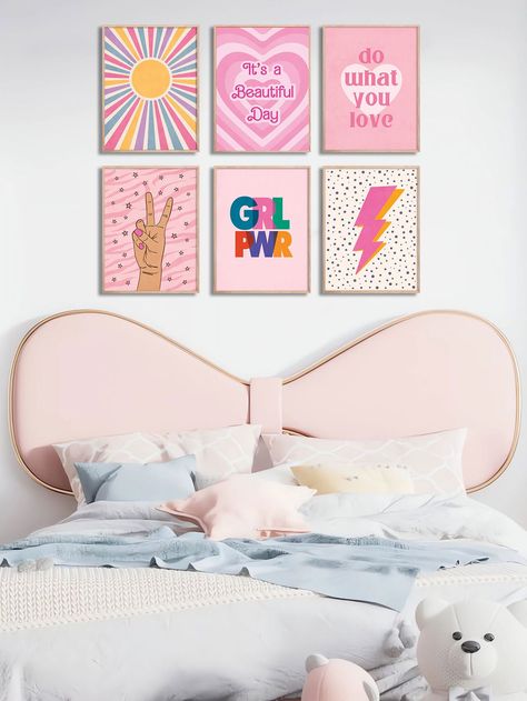 6pcs Pink Teen Girl Fashion Art Painting Motivational Quotes Victory Hand Sign Colorful Minimalist Poster Aesthetic Canvas Print Modern Wall Picture Bedroom Dorm Girls Room Home Decoration Apricot    Chemical Fiber     Home Decor, size features are:Bust: ,Length: ,Sleeve Length: Affiches D'art Déco, Inspirational Quotes Wall Art, Hiasan Bilik, Teen Room Decor, Fashion Wall Art, Big Girl Rooms, Home Decor Paintings, Canvas Wall Decor, Modern Art Prints