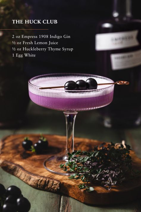 @thewelltable perfectly captures the essence of fall garden harvest with The Huck Club cocktail. Combining our Indigo Gin with fresh huckleberries and herbaceous thyme, this is a seasonal elixir you don't want to miss! 💜 Thyme Gin Cocktail, Empress Gin, Empress 1908 Gin, Bartender Drinks Recipes, Tequila Rose, White Cranberry Juice, Rose Lemonade, Gin Cocktail Recipes, Cocktails Recipes