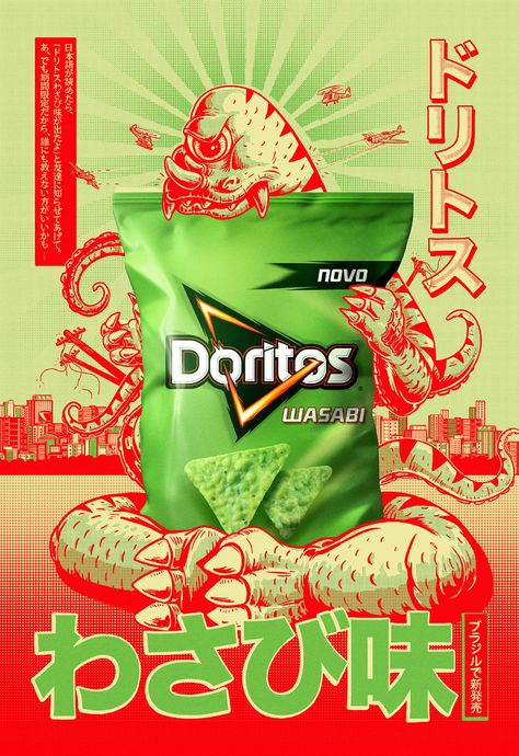 Doritos Wasabi posters illustrations on Behance Japan Advertising, Visual Advertising, Creative Advertising Design, Publicidad Creativa, Japanese Pop Culture, Food Poster Design, Poster Ads, Art Manga, Grafic Design