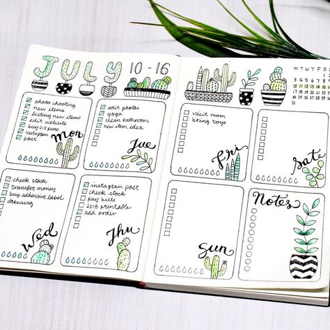 July weekly spread! Stencils use Kaktus Aesthetic, July Spread, Journal D'inspiration, Cactus Indoor, March Bullet Journal, Garden Cactus, Bullet Journal Banner, Indoor Cactus, Bullet Journal Weekly Spread