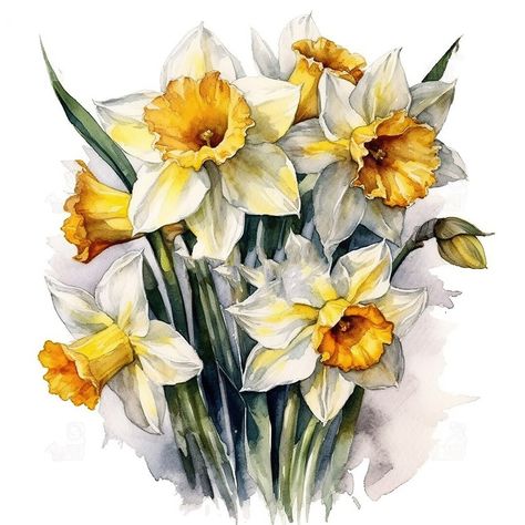 Narcissus Bouquet Water Color Painting 12 High Quality JPG - Etsy Australia December Flower, Narcissus Flower, Garden Illustration, Illustration Botanique, Watercolor Stickers, Flower Printable, Month Flowers, Birth Month Flowers, Flower Clipart