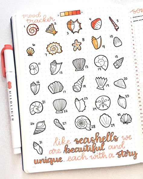 yeah I'm like two days behind on this but it's okay, it's really fun coloring in and drawing seashells haha. I've only recently installed… Bullet Journal Calendrier, Bullet Art, Bullet Journal Mood, Diary Ideas, Bullet Journal Art, Bullet Journal Spread, Bullet Journal Inspo, Journal Layout, Bullet Journal Doodles