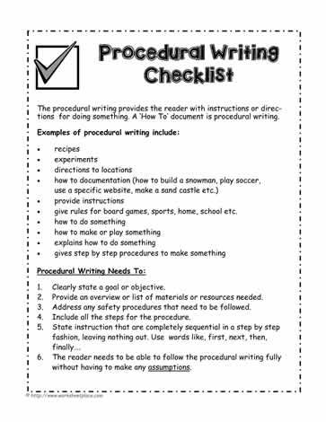 Procedural-Writing-Checklist Procedural Writing Anchor Chart, Teaching Writing Middle School, Procedure Writing, Procedural Text, Writing Graphic Organizers, Writing Mini Lessons, Writing Checks, Writing Checklist, Procedural Writing