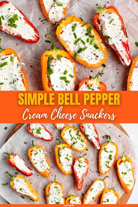 Simple Bell Pepper Cream Cheese Snackers Bell Pepper Cream Cheese Snack, Bell Pepper With Cream Cheese, Pepper With Cream Cheese, Bell Peppers Cream Cheese, Bell Pepper Cream Cheese, Pepper Cream Cheese, Cream Cheese Snacks, Cheese Snack, Calorie Snacks