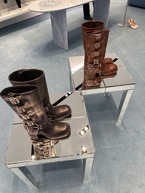 Miu Miu Boots Aesthetic, Mui Mui Boots, Miumiu Boots, Miu Miu Boots, Buckled Boots, Bike Boots, Chanel Heels, Luxury Heels, Miu Miu Shoes