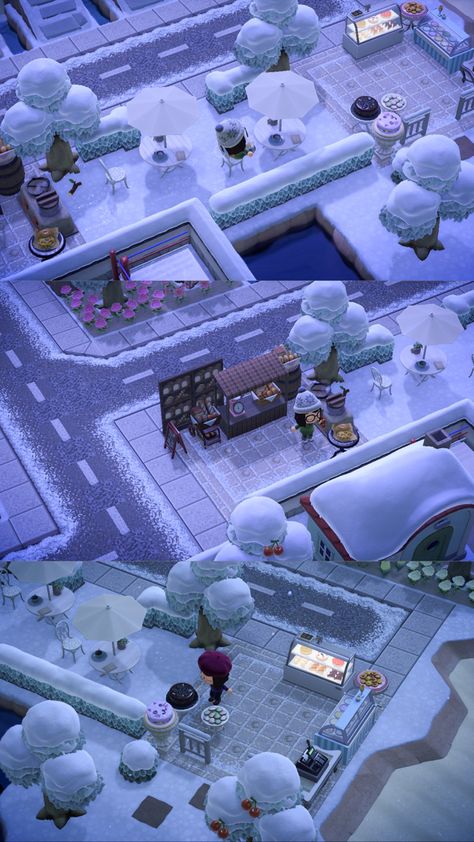 A winter Animal Crossing theme Acnh Winter City, Acnh Ice Path, Acnh Snowy Road, Animal Crossing Ice Cream Shop, Winter Animal Crossing, Animal Crossing Winter, Colin Crossing, Animal Crossing City, Acnh Winter