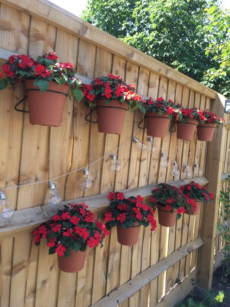 Hanging Flower Pots On Fence, Hanging Pots On Fence, Fence Flower Pots, Hanging Plants Fence, Flower Pots On Fence, Patio Fence Decorating Ideas, Plants On Fence Ideas, Planters On Fence, Pots On Fence