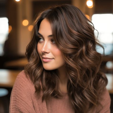 Medium Cinnamon Brown Hair, Milk Chocolate Brown Hair With Caramel, Dark Hair Sunkissed, Balayage Mocha Brown, Mocha Highlights On Dark Hair, Cinnamon Highlights On Brown Hair, Curly Brown Hair With Highlights, Mocha Brown Balayage, Balayage For Dark Hair