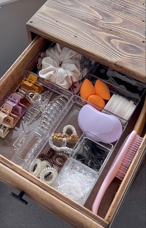 Dresser Clutter Aesthetic, Cute Room Accessories Aesthetic, Aesthetically Pleasing Organization, Hair Tool Organizer Drawer, Orginazation Ideas Bedroom Drawers, Bed Side Table Organization Ideas, Hair Care Drawer, What To Put On A Nightstand, Organizing Ideas Aesthetic