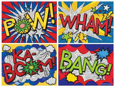 Onomatopoeia Art -- Comic book style. Love the word onomatopoeia, and I love that it's on recycled paper. Classe D'art, Side Border, Superhero Classroom, Bd Art, Super Hero Theme, 6th Grade Art, 5th Grade Art, Roy Lichtenstein, High School Art