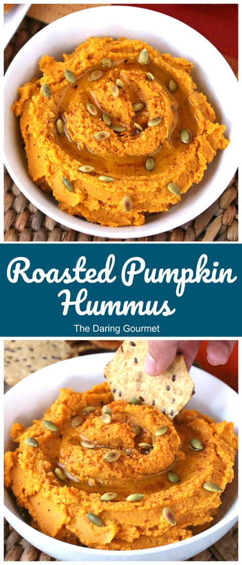 Robustly flavorful, this delicious and healthy Roasted Pumpkin Hummus is simply out of this world! Enjoy it with your favorite crackers, toasted pita bread, or veggies and let the party begin! Amazing Dips, Pumpkin Hummus Recipe, Daring Gourmet, Pumpkin Dip, Pumpkin Hummus, Holiday Sides, Roasted Pumpkin, Roast Pumpkin, Hummus Recipe