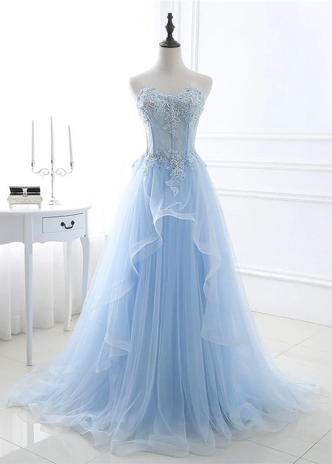 Blue Lace Prom Dress, Sky Blue Prom Dress, Prom Dresses Long Blue, Blue Wedding Dress, Chic Prom Dresses, Light Blue Prom Dress, Formal Dresses Graduation, Floor Length Prom Dresses, Sweetheart Prom Dress