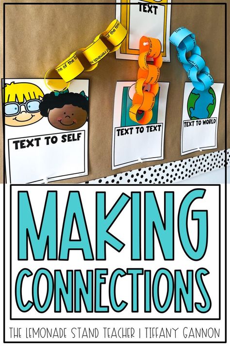 Looking for activities to teach making connections?! These making connections crafts, anchor charts, posters, activities, graphic organizers, and more will help your students make text to self, text to text, and text to world connections while reading! Click here to read more about it! Text To World Connections, Making Connections Activities, Reading Connections, Text To World, Text To Self Connection, Text To Text, Kindergarten Anchor Charts, Text To Text Connections, Text To Self